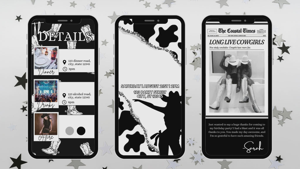 Black & White Cowgirl Birthday E-Vite, Western Birthday Invitation, Cowboy Party Digital Invite, Editable Canva Birthday Template