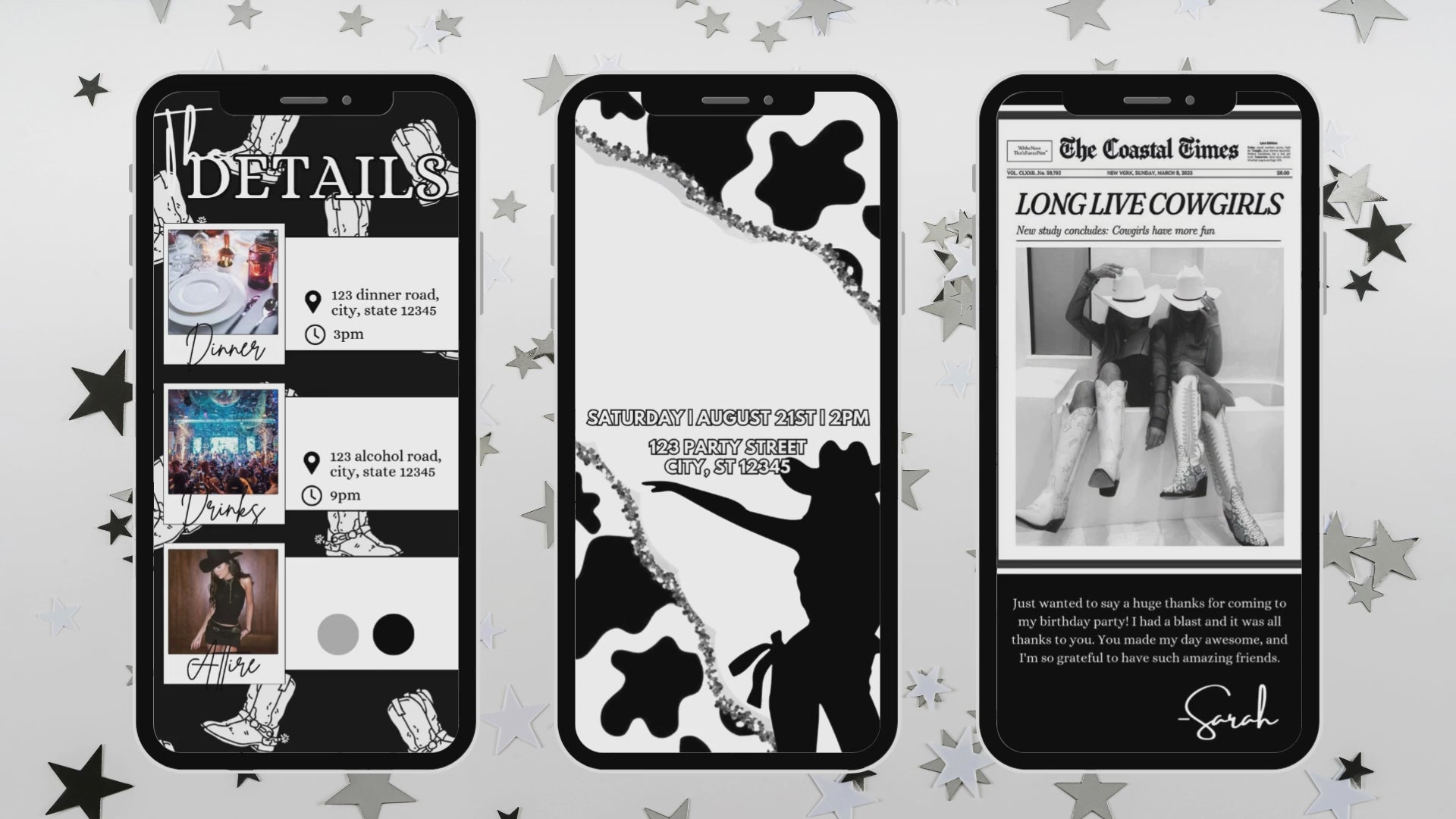 Black & White Cowgirl Birthday E-Vite, Western Birthday Invitation, Cowboy Party Digital Invite, Editable Canva Birthday Template