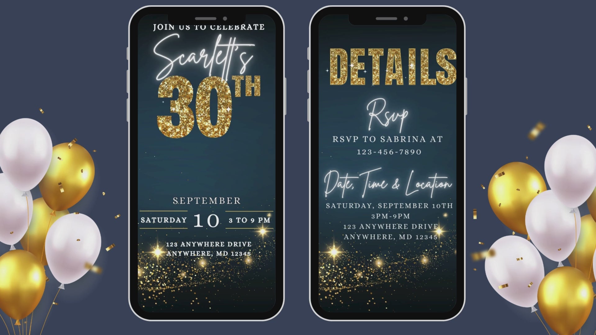 30th Birthday E-Vite Template | Navy & Gold Glitter Editable Canva Invitation